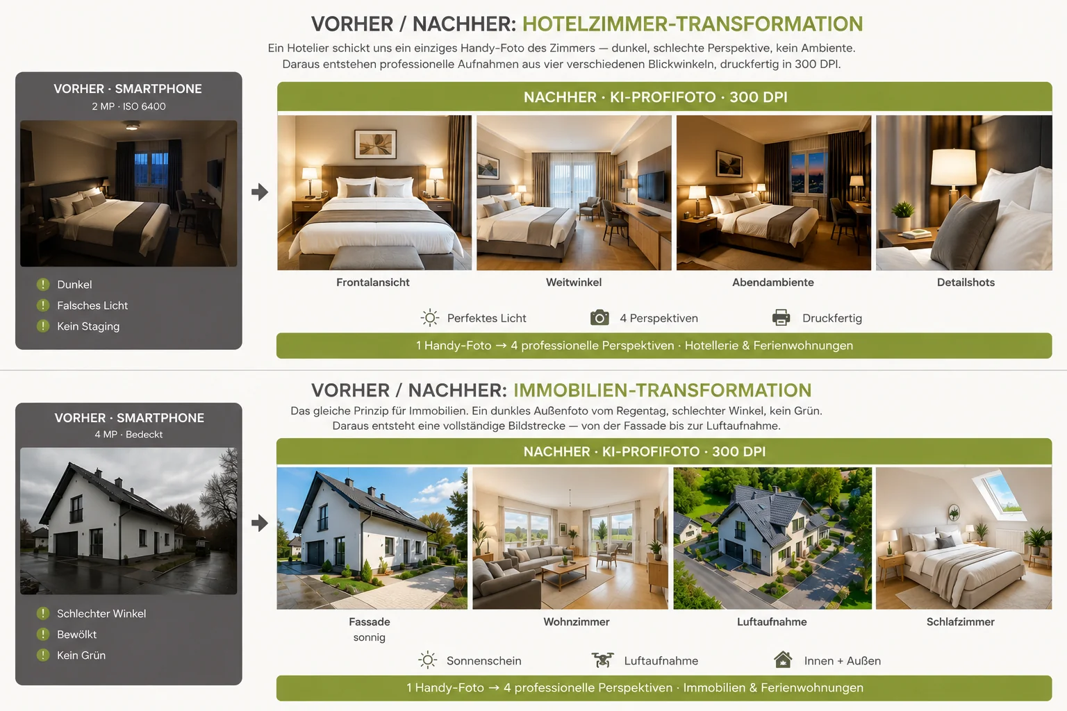 Vorher/Nachher KI-Foto-Transformation: Hotelzimmer und Immobilien aus einem Smartphone-Foto